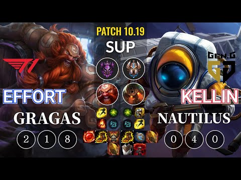 T1 Effort Gragas vs GEN Kellin Nautilus Sup - KR Patch 10.19