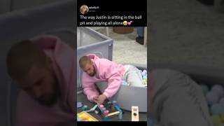 The way Justin Bieber is sitting in the ball pit and playing with the wooden blocks all alone🥹💕