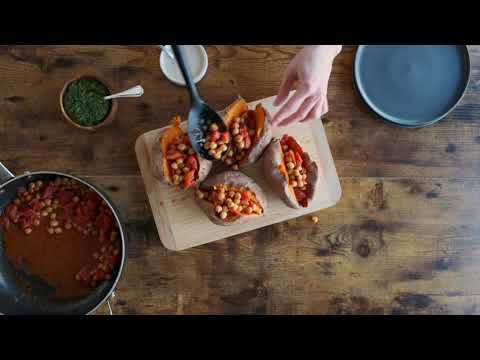 Chickpea Stuffed Sweet Potatoes with Cilantro Lime Sauce