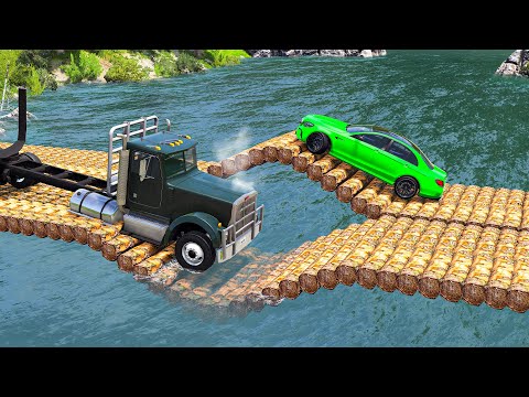 Cars vs 2 Log Bridges and Deep Water - BeamNG.Drive