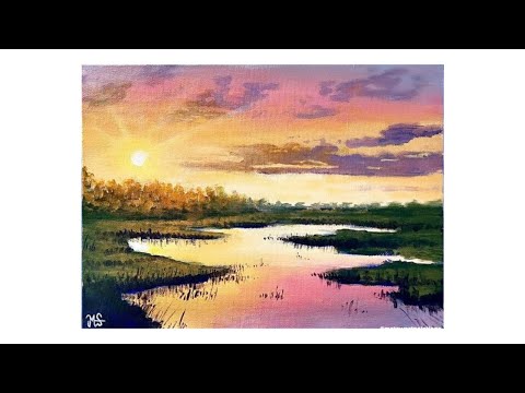 Painting a Marsh landscape painting - Marsh painting tutorial - Acrylic painting tutorial sunset