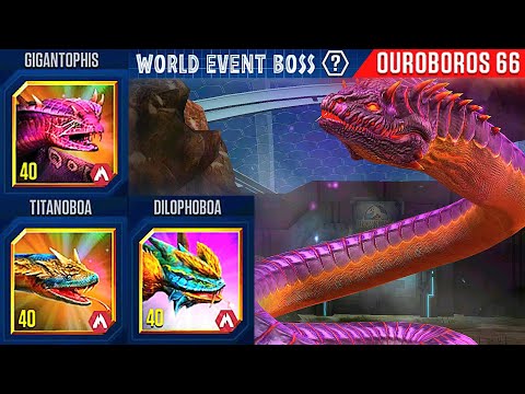 OUROBOROS 66 WORLD EVENT BOSS DILOPHOBOA VS TITANOBOA VS GIGANTOPHIS | JURASSIC WORLD THE GAME