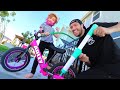 HOW TO FIX A BIKE Pretend Play With Dad In Our Backyard Gas Station