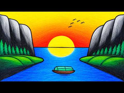 How To Draw Easy Scenery | Drawing Sunset Scenery With Oil Pastels _ Oil Pastels Drawing