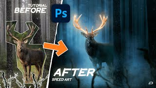 Golden antlers of a deer in the forest with Photoshop Manipulation Tutorial | Speed Art