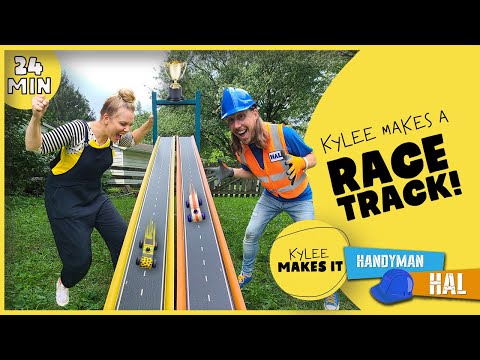 Kylee Makes a Race Track | Handyman Hal and Kylee Build a Racecar Track and Race Toy Cars for Kids