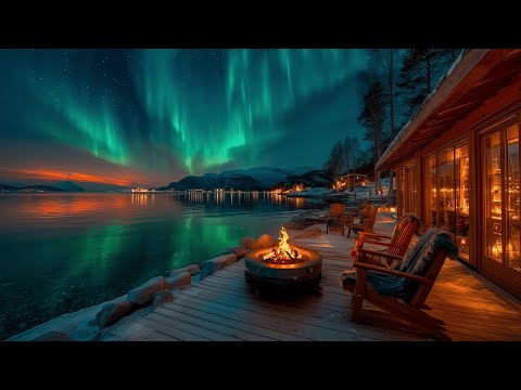Calm Winter Night by the Lake | Northern Lights, Campfire & Wind Sounds