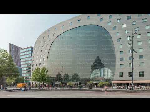 Hyperlapse of the Rotterdamse Markthal's exterior with shops and restaurants. Netherlands