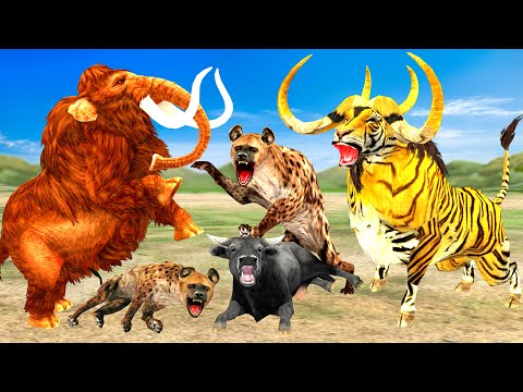 Giant Tiger Bull Vs Woolly Mammoth Save Cow Cartoon Attacked by Hyenas Animal Mammoth Revolt