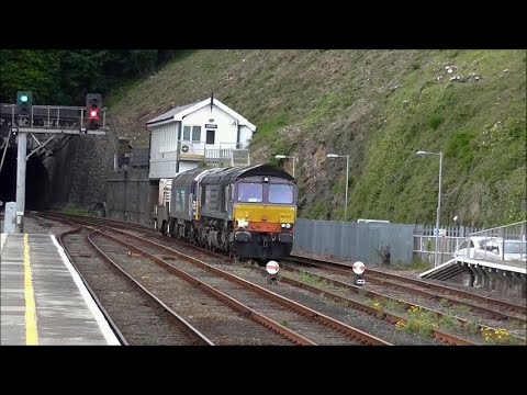 DRS Class 66+Class 57 at Bangor on Valley-Crewe nuclear flasks, 29-05-2015.
