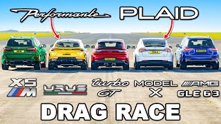 [carwow] DRAG RACE! New Urus PERF v Model X PLAID v X5M v Turbo GT v GLE 63 S