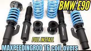 BMW E90 T6 coil-over kit install - Upgraded aftermarket MAXPEEDINGROD suspension how to - review