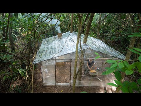 Camping In Tropical Rainforest Build A Complete Warm Plastic Wrap House, Girl Solo Camping Skills