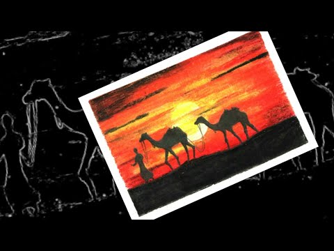 How to draw a Desert Sunset Scenery by Oil pastel | Easy Drawing for beginners | Camel Drawing