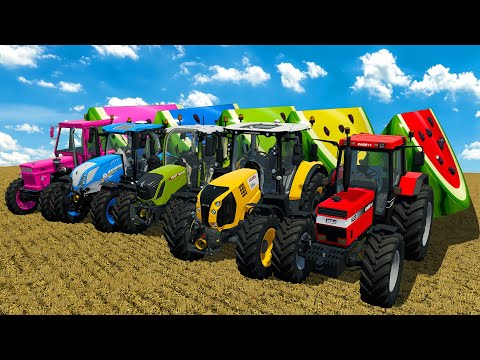 FENDT vs CLAAS vs CASE vs FIAT TRACTORS BATTLE WITH WATERMELONS ON MINECRAFT ENVIRONMENT - FS 22