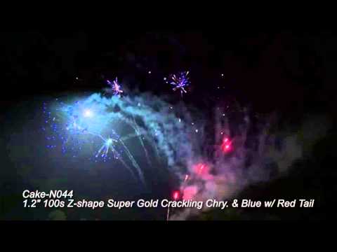 SUNNY CAKE-1.2" 100 SHOT Z SHAPE SUPER GOLD CRACKLING CHRYSANTHEMUM & BLUE W/RED TAIL ( N044)