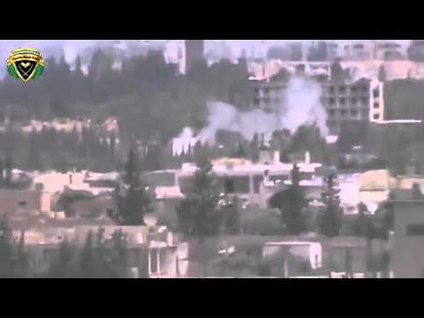 استهداف مبنى البحوث العلمية بمدفع عيار 122 من قبل لواء الحرية في مدينة حلب