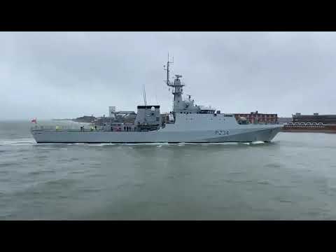 HMS Spey arrives in Portsmouth for the first time