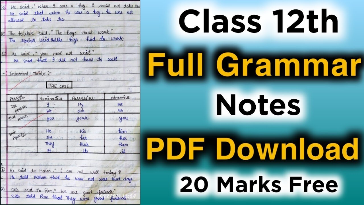 Class 12th English Grammar Notes UP Board || Handwritten Grammar Notes PDF Download || 20 Marks ||