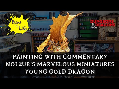 How to paint a Nolzur's Marvelous Miniatures Young Gold Dragon D&D – with step by step commentary.