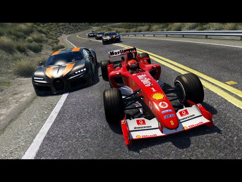 F1 Ferrari F2004 Michael Schumacher vs Bugatti Chiron Super Sport 300+ at Pacific Coast