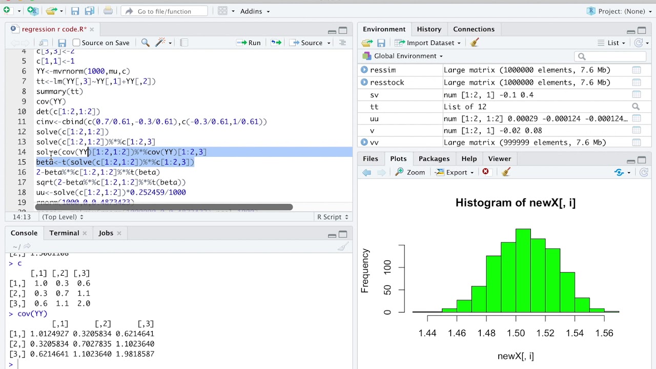 regression coefficient simulation example in R