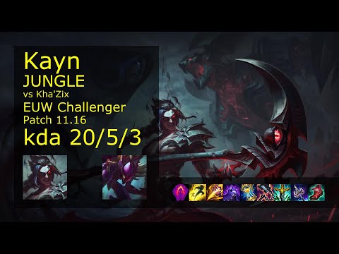 Kayn Jungle vs Kha'Zix - EUW Challenger 20/5/3 Patch 11.16 Gameplay