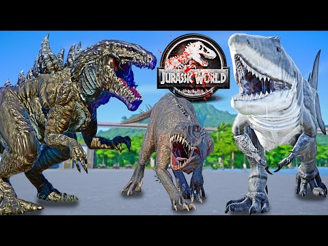 Godzilla vs King Shark, Scorpius REX, Tyrannospinus Dinosaurs Fight 🌍 JURASSIC WORLD EVOLUTION