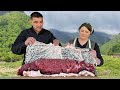 juicy meatloaf on a spit cooking outdoors in the mountains of azerbaijan