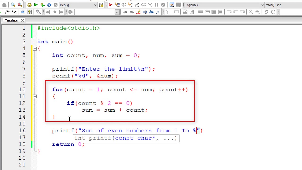 C Program To Find Sum of All Even Numbers From 1 To N, using For loop