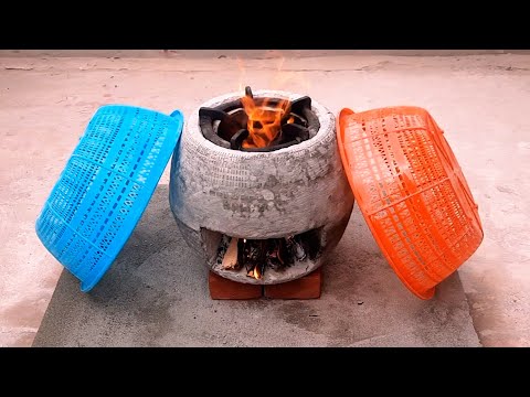 How to Build a Cement Wood Stove with Plastic Baskets 🧺🔥 | Primitive Technology DIY #viral