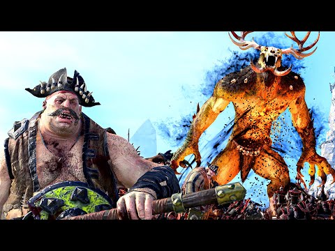 OGRE KINGDOMS and CHAOS DWARFS vs BEASTMEN and GREENSKINS - TotalWar Warhammer 3 cinematic battle