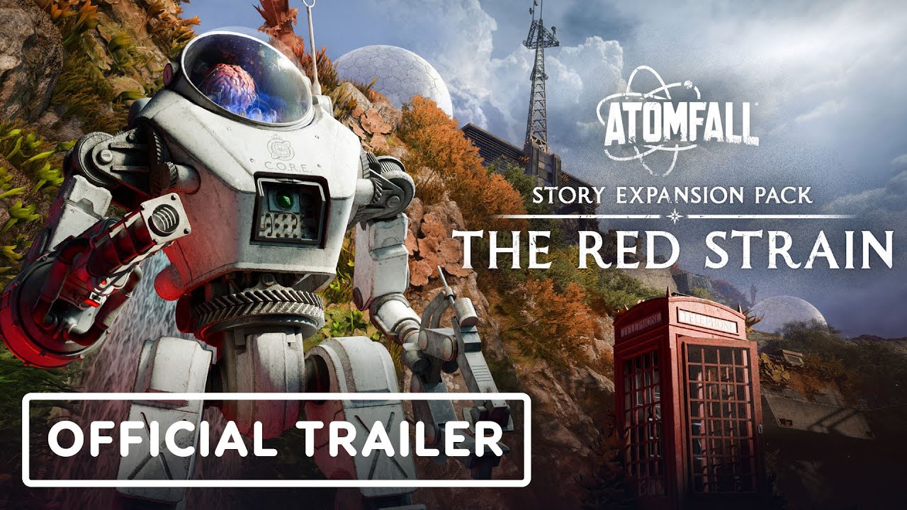 The Red Strain DLC launch trailer still: crimson biome and hulking robot