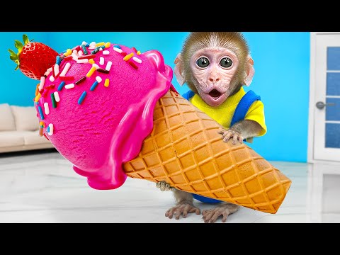 KiKi Monkey unboxing Ice Cream Toys Collection to create Giant Rainbow Ice Cream | KUDO ANIMAL KIKI