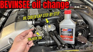 Does an oil cooler cap make changing oil difficult - BMW E46 M54 engine? Racecar maintenance amsoil