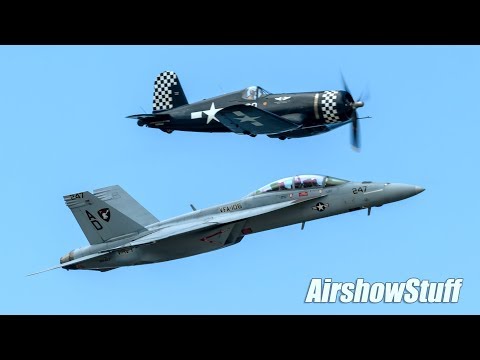 F/A-18F Super Hornet / F4U Corsair Formation Flybys and Wing Fold - Cleveland National Airshow 2017
