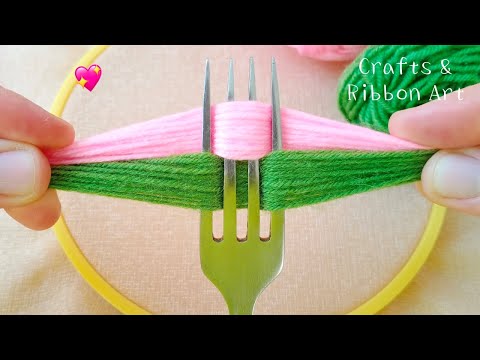 It's so Cute !! Superb Woolen Flower Making Trick Using Fork - Hand Embroidery Amazing Flower
