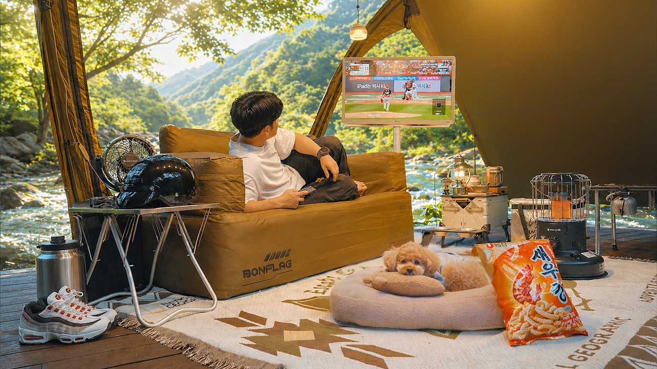 Cool Tent Camping with My Dog . Korean Baeksook & Kimchi . Valley Water ASMR