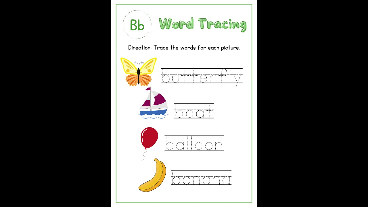 Colorful Illustrative A to E Word Tracing Worksheet  ABCDE
