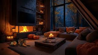 Rainy Autumn Night with Crackling Fireplace | Cozy Living Room, Pumpkins, Cat & Dog
