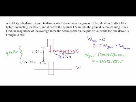 Part of a video titled Finding Work Done by and Force of Pile Driver Dropped on Beam