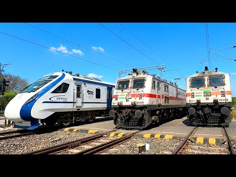 52 RAILROAD LEVEL CROSSING Videos | High Speed Indian Trains Crossing At 130 KMPH!