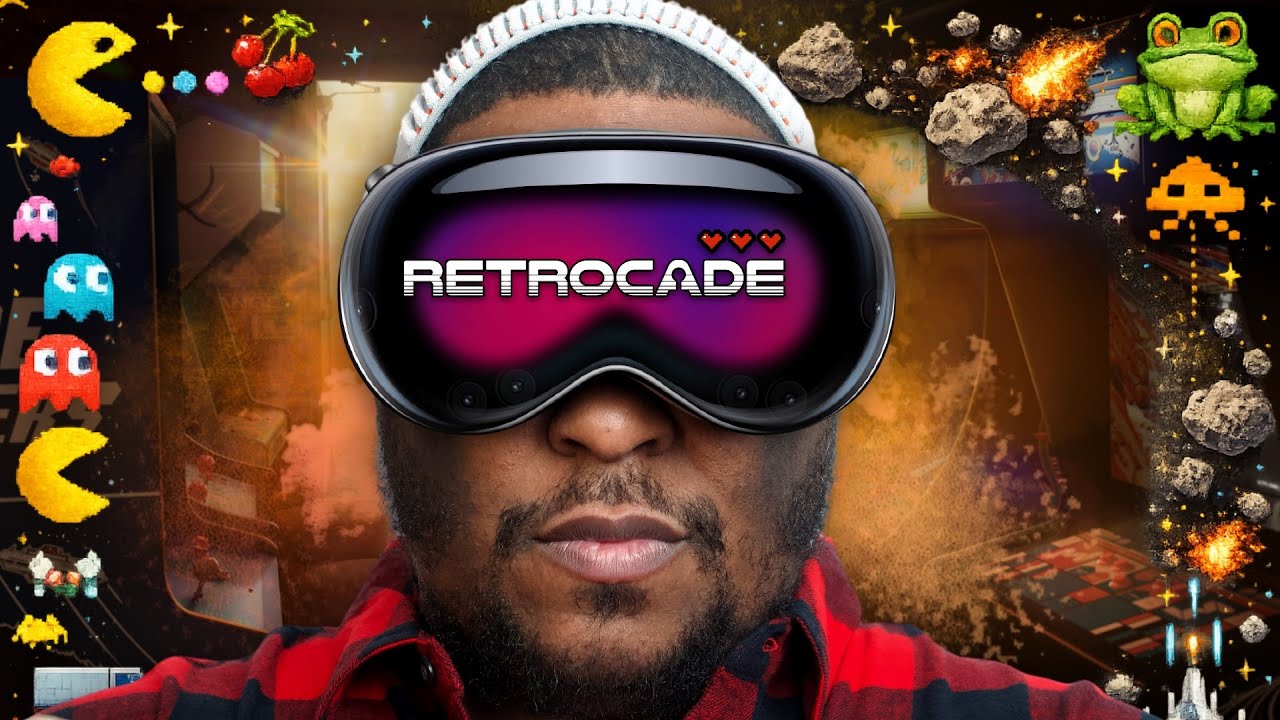 Retrocade on Apple Vision Pro showing detailed arcade cabinet recreation with authentic lighting