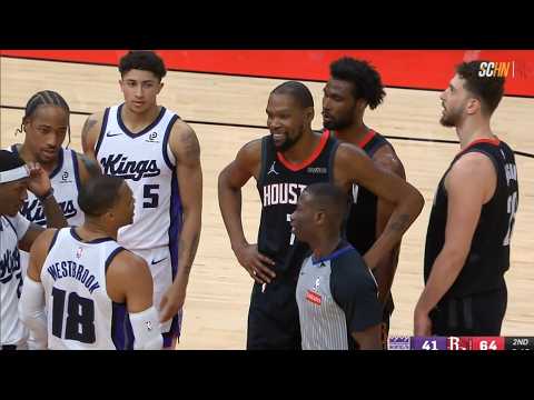 Kevin Durant laughs as Russell Westbrook has words for Alperen Sengun after foul