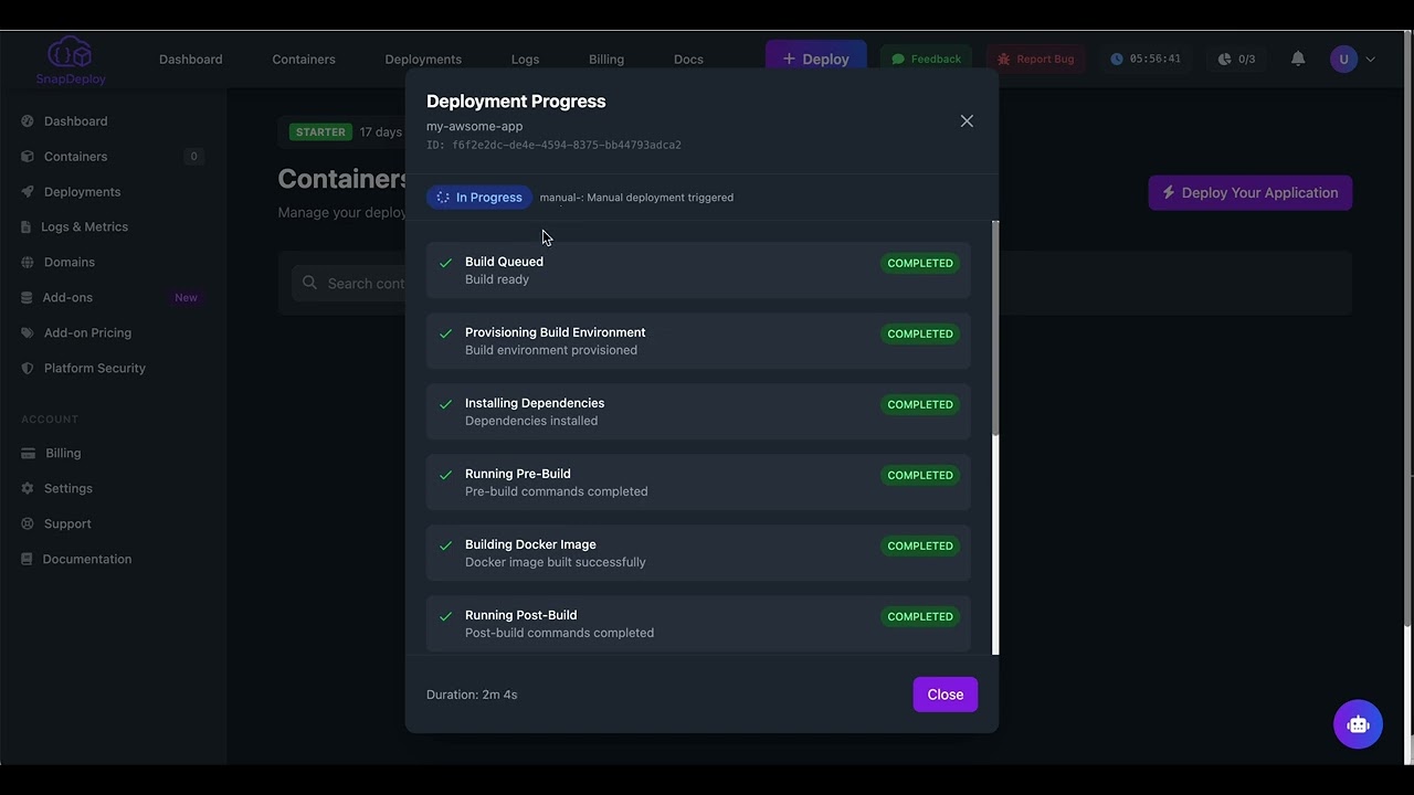 Watch SnapDeploy deploy a Docker container in under 3 minutes