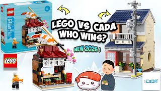 YouTube thumbnail: FREE GWP - Sushi Bricks Battle 🍣 LEGO vs CaDA | Japanese Restaurant in Bricks New 2026 !