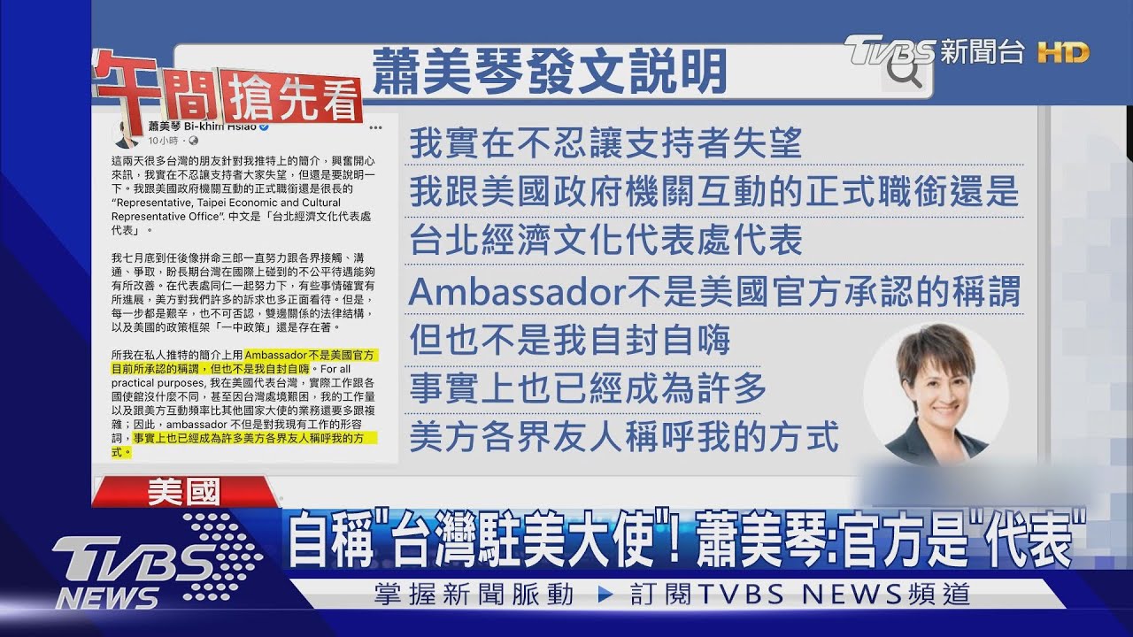 自稱「台灣駐美大使」! 蕭美琴:官方是「代表」