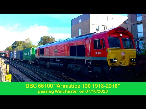 DBC (Red Shed) 66100 "Armistice 100 1918-2018" passing Winchester on 07/10/2020