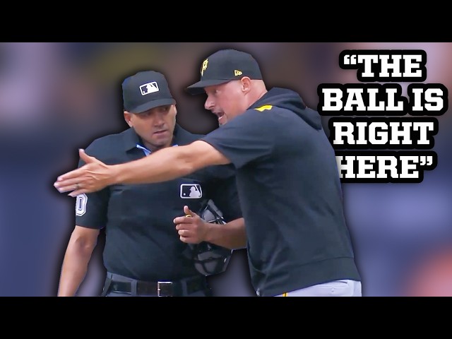 Pirates manager Don Kelly points to the exact spot where the umpire missed the call, a breakdown