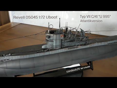 Modellbau Uboot Typ VII C/41, Atlantikversion. "U995". WWII Submarine. Basis-Kit Revell 05045, 1:72.